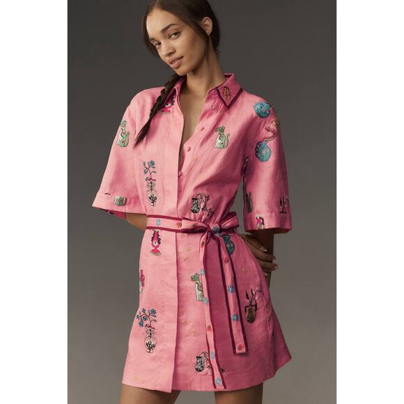 ALEMAIS Nadia Hernandez Timmy Belted Embroidered Linen Shirt Dress Womens 4 - Picture 12 of 12